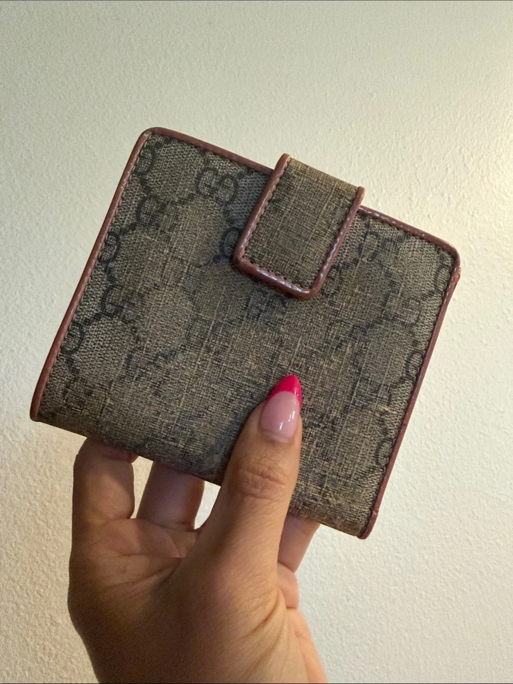 Gucci GG Monogram Wallet with Burgundy Bow and Brown Trim